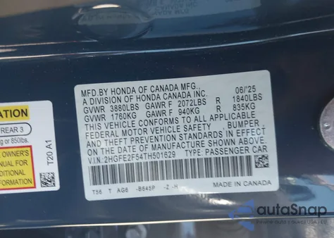 2026 Honda Civic Sport из США, поврежденный, VIN 2HGFE2F54TH501629